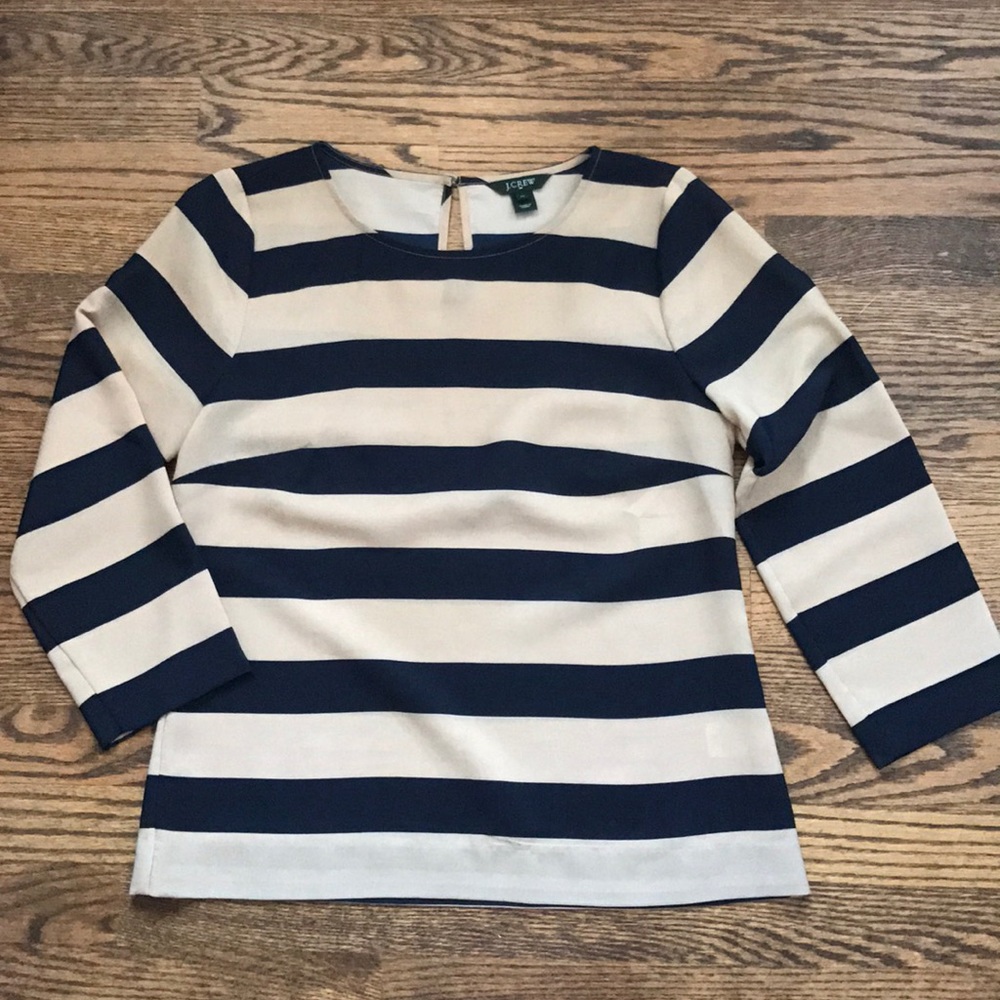 Beige tan + navy J. Crew striped blouse XS 0 2